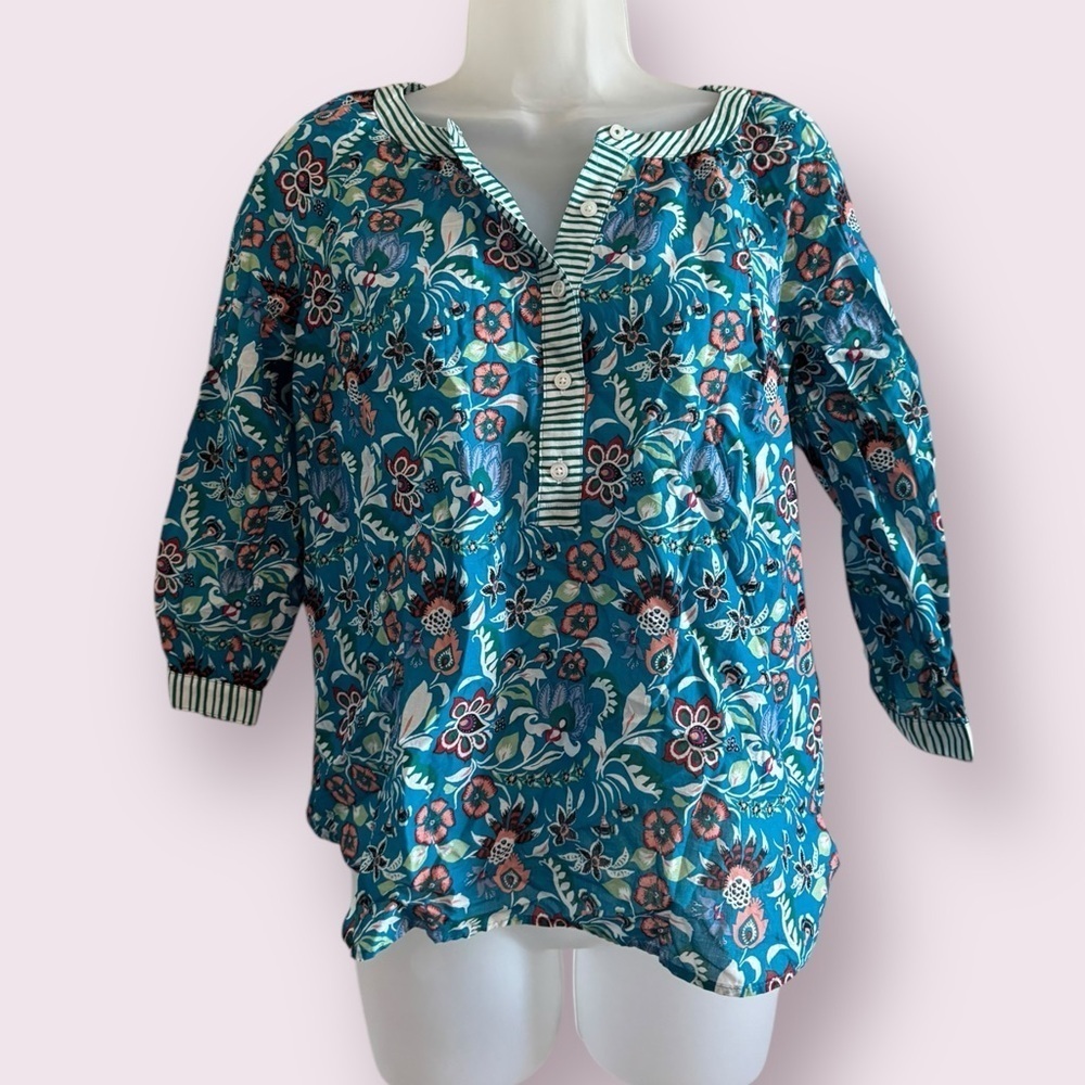Talbots Blue Floral Popover Blouse 3/4 Sleeve Band Collar Petite S - Picture 4 of 8